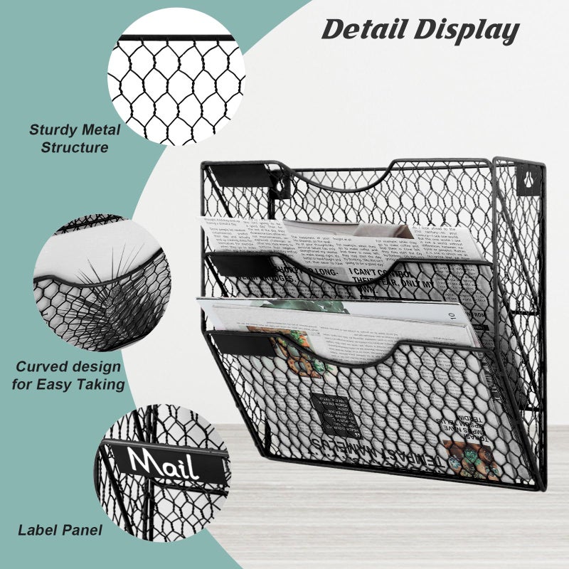 EASEPRES Mail Organizer Wall Mount Hanging File Holder Storage, Metal Chicken Wire Magazine Rack 3 Tier, Black - Image 3